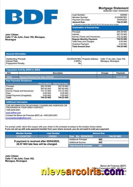 Nicaragua Banco de Finanzas (BDF) mortgage statement Word and PDF template